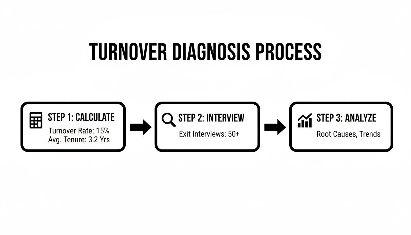 A flowchart illustrating the turnover diagnosis process, including calculation, interviews, and analysis steps.
