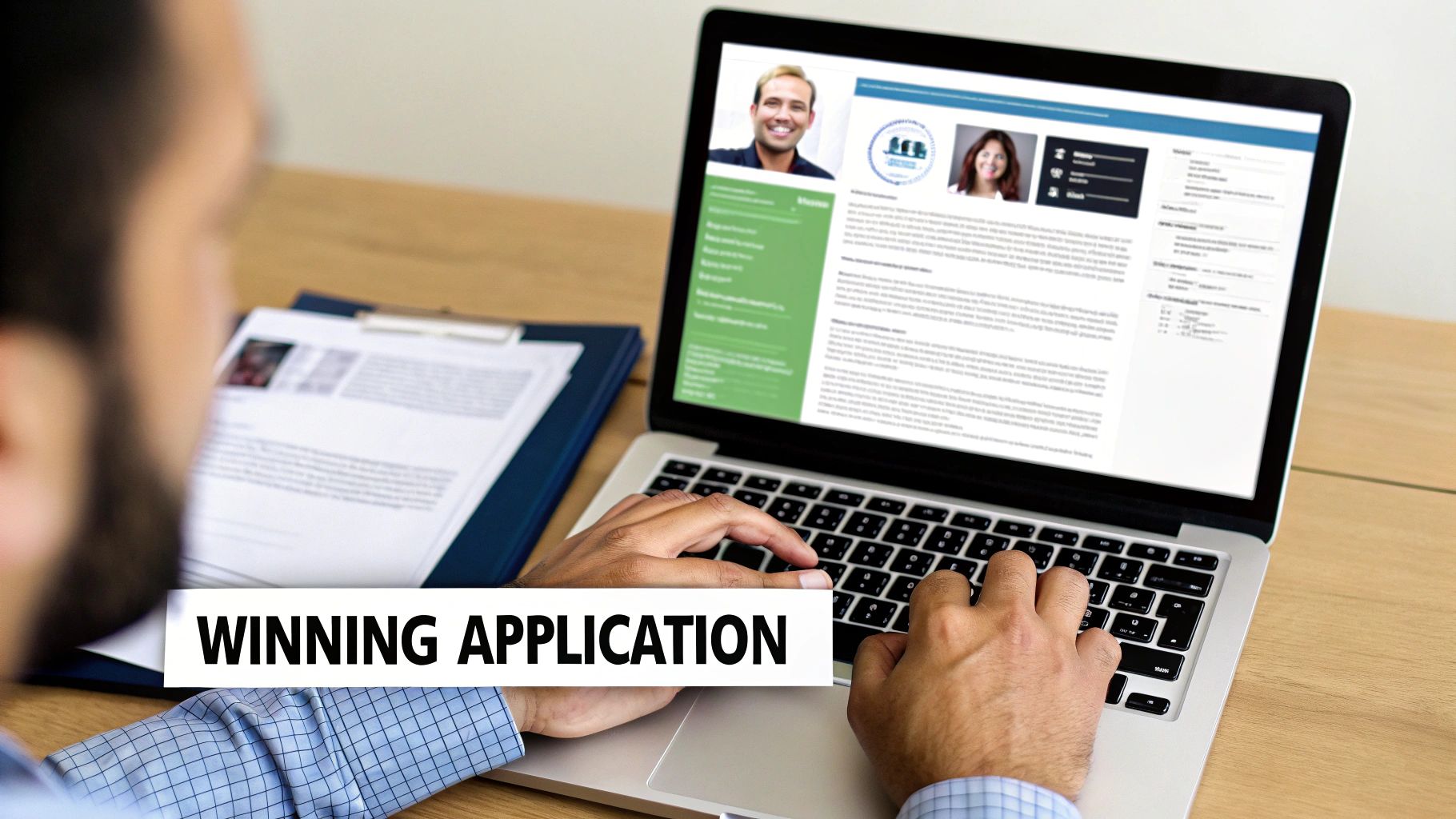 A person types on a laptop displaying a winning job application or online resume with profile pictures.