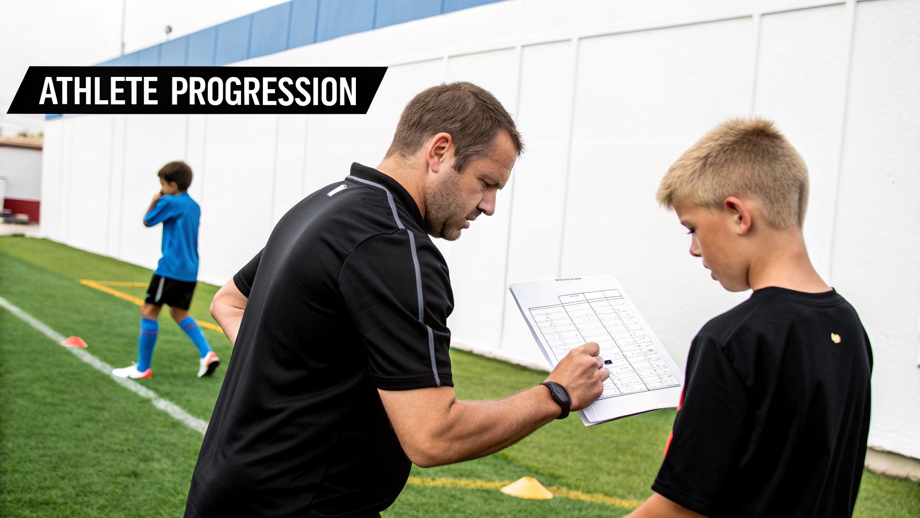 A sports coach and a young athlete review progress on a clipboard on a green turf field.