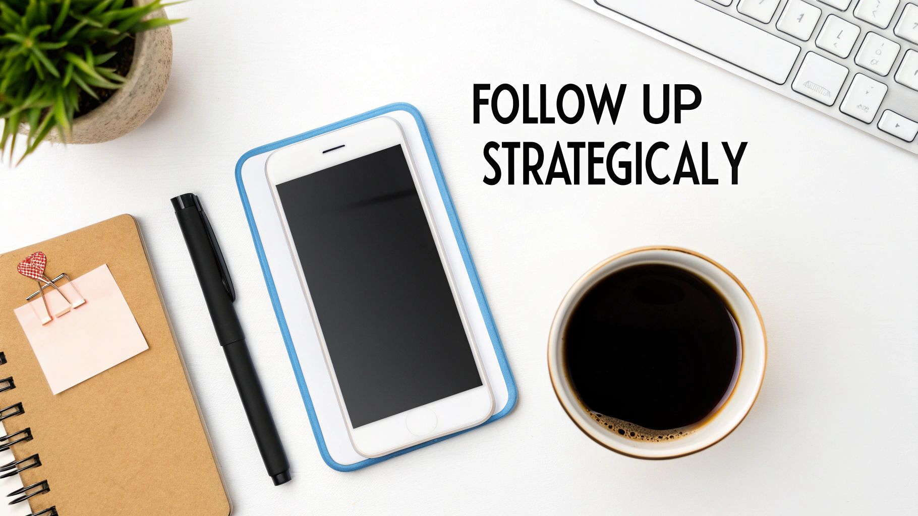 A white desk flat lay with a smartphone, coffee, notebook, pen, and keyboard, with text 'FOLLOW UP STRATEGICALLY'.