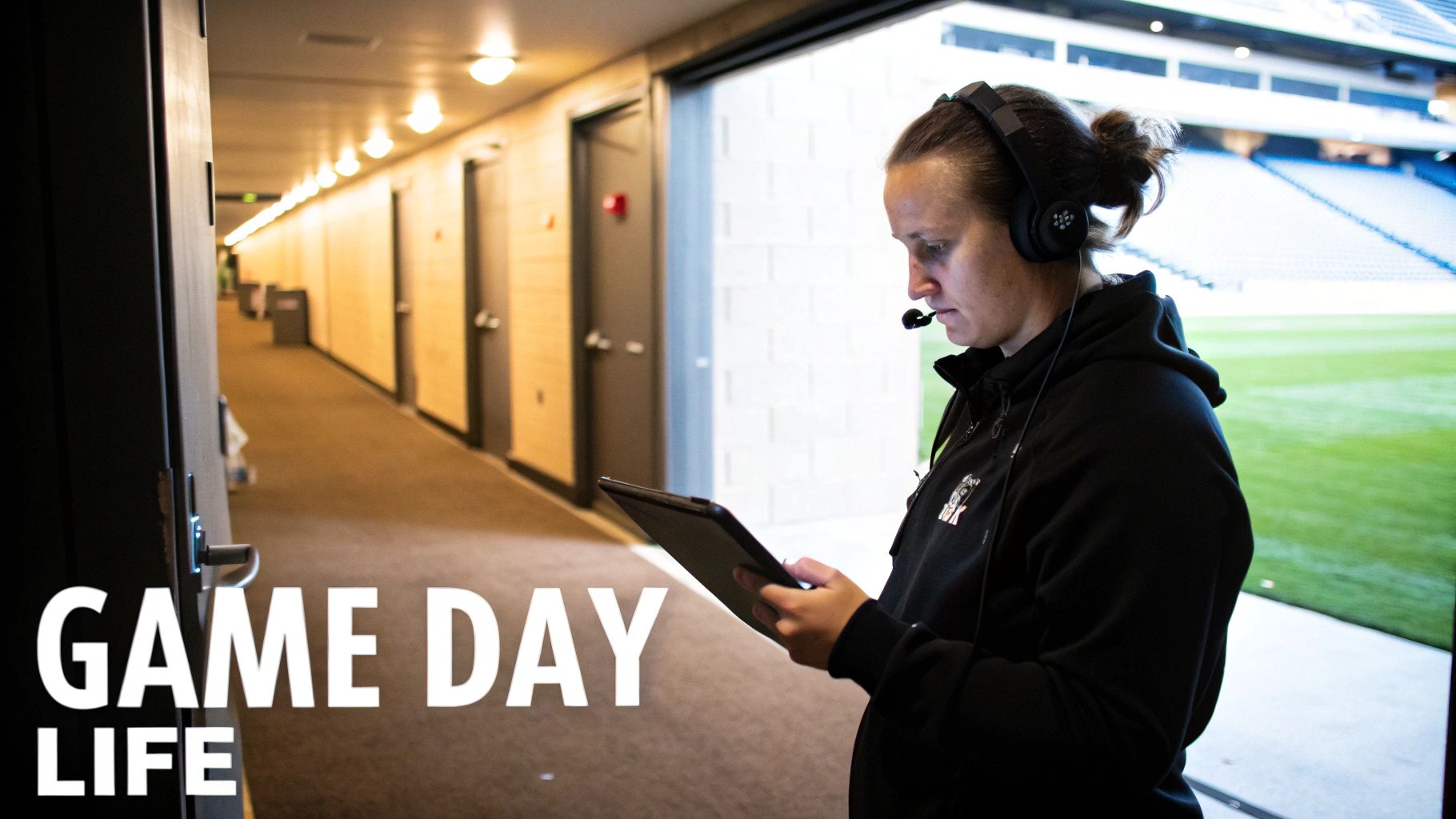 Female sports professional wearing headset reviewing tablet in stadium tunnel on game day