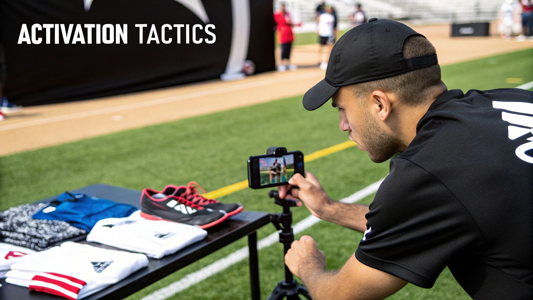 Man using a smartphone on a tripod to film sports apparel and shoes on a table at a field.