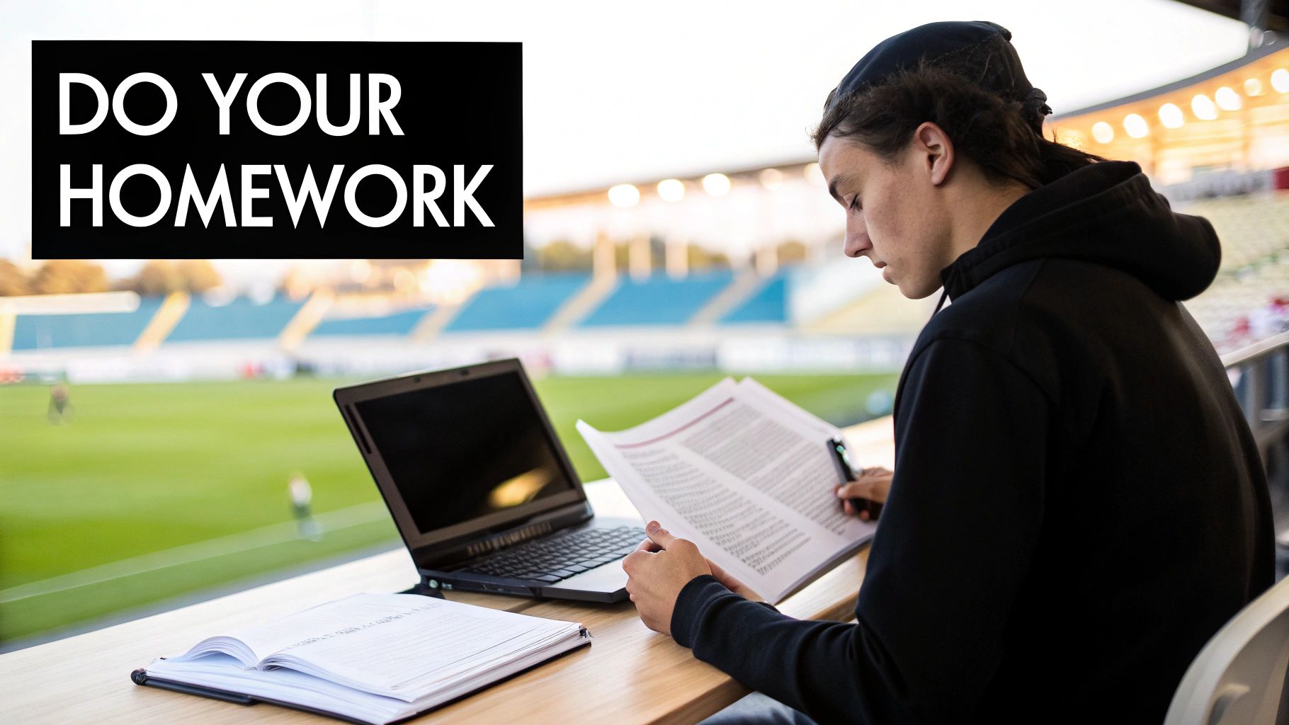 A young man studies with a laptop and books at a stadium, with 'DO YOUR HOMEWORK' text.