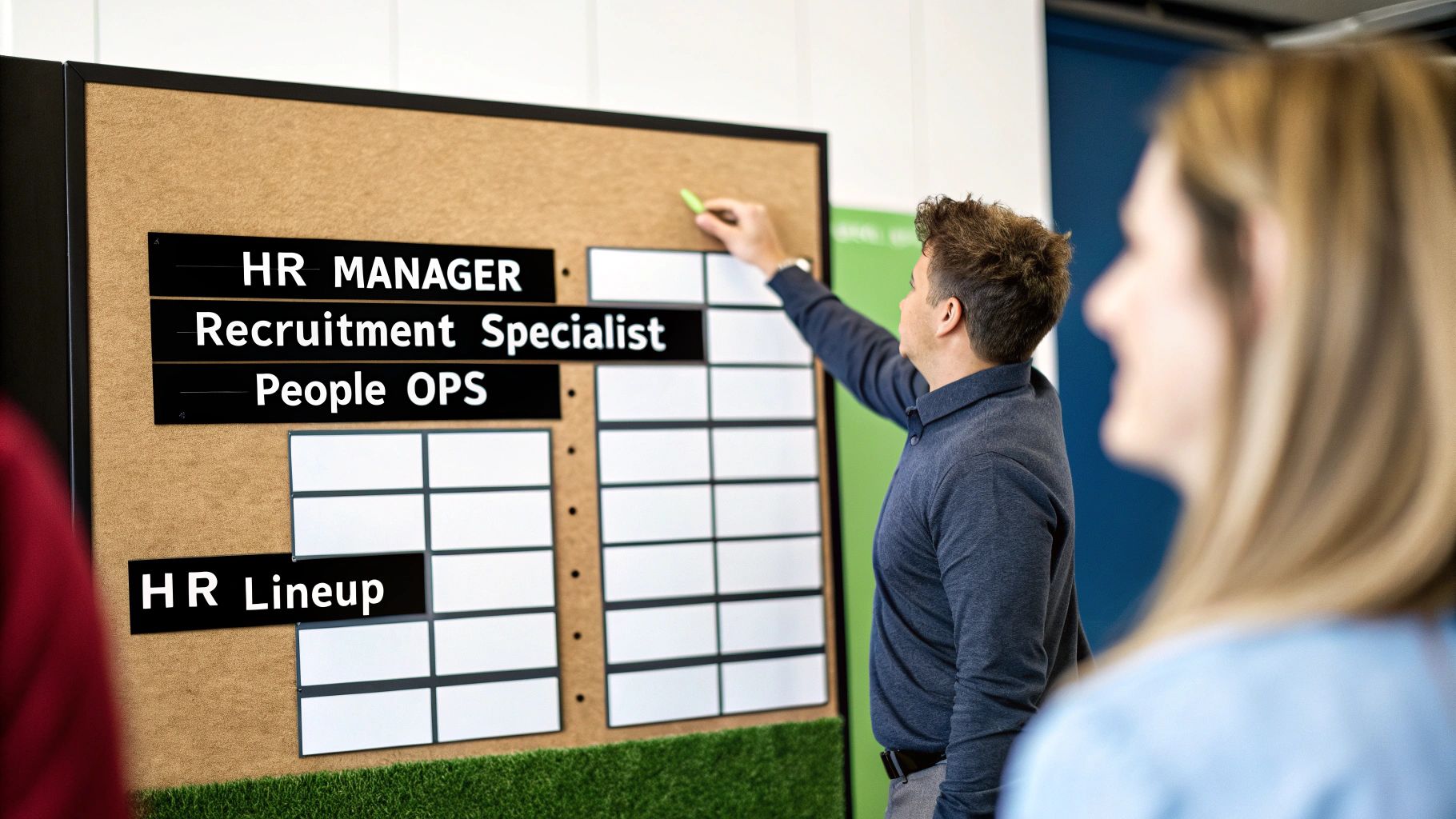 A man marks an HR job board listing roles like HR Manager and Recruitment Specialist, observed by a colleague.