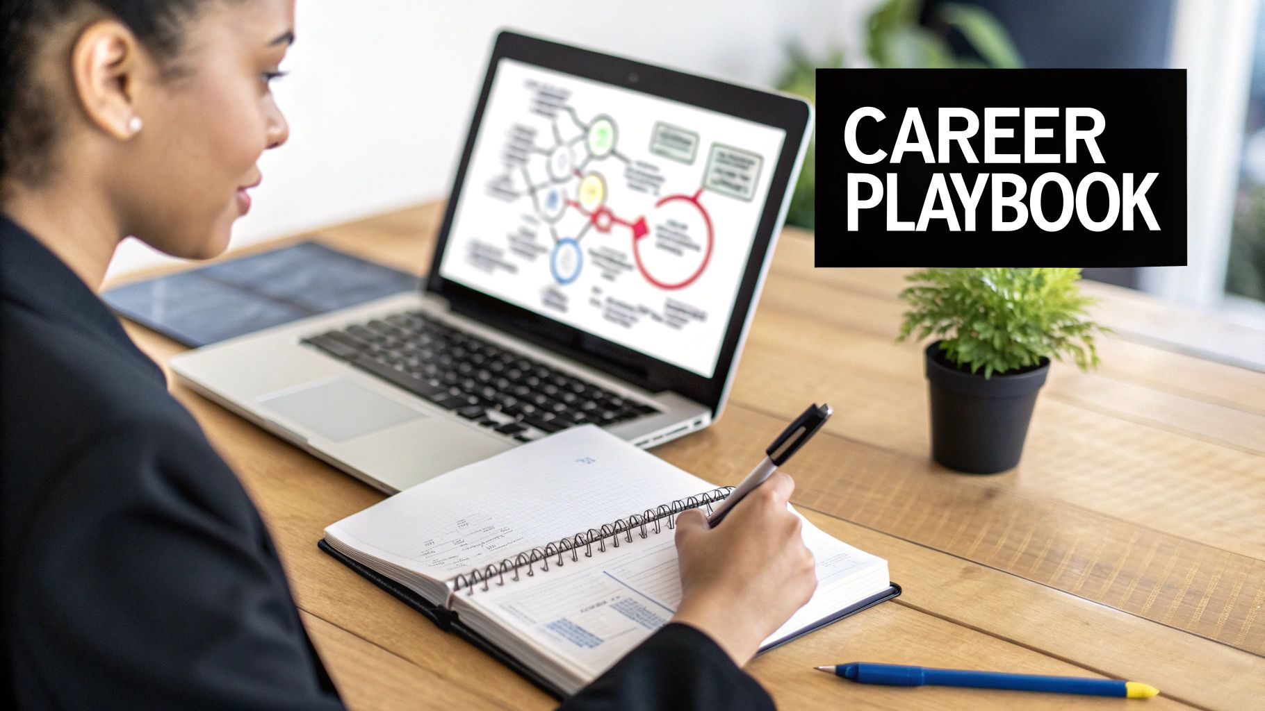 Professional woman taking notes from a laptop showing a 'Career Playbook' diagram.