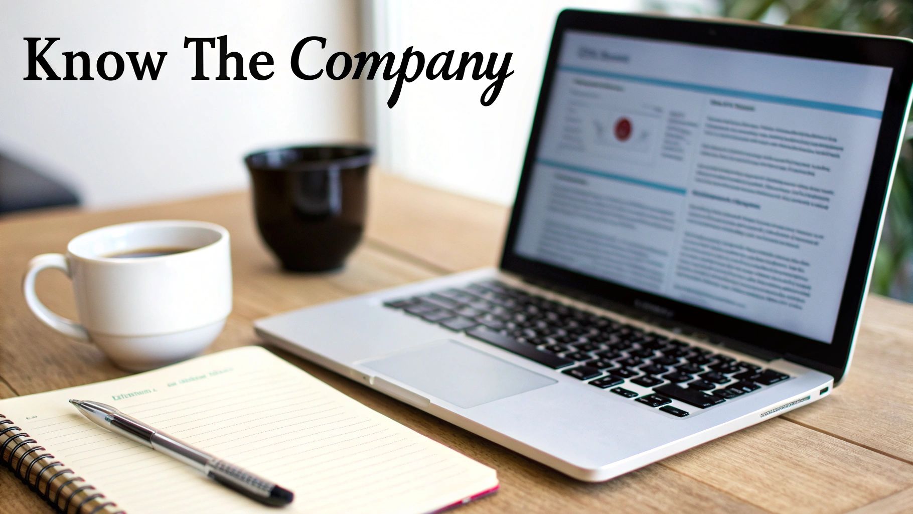 A minimalist desk setup with a laptop, coffee, notebook, and pen, featuring the text "Know The Company".