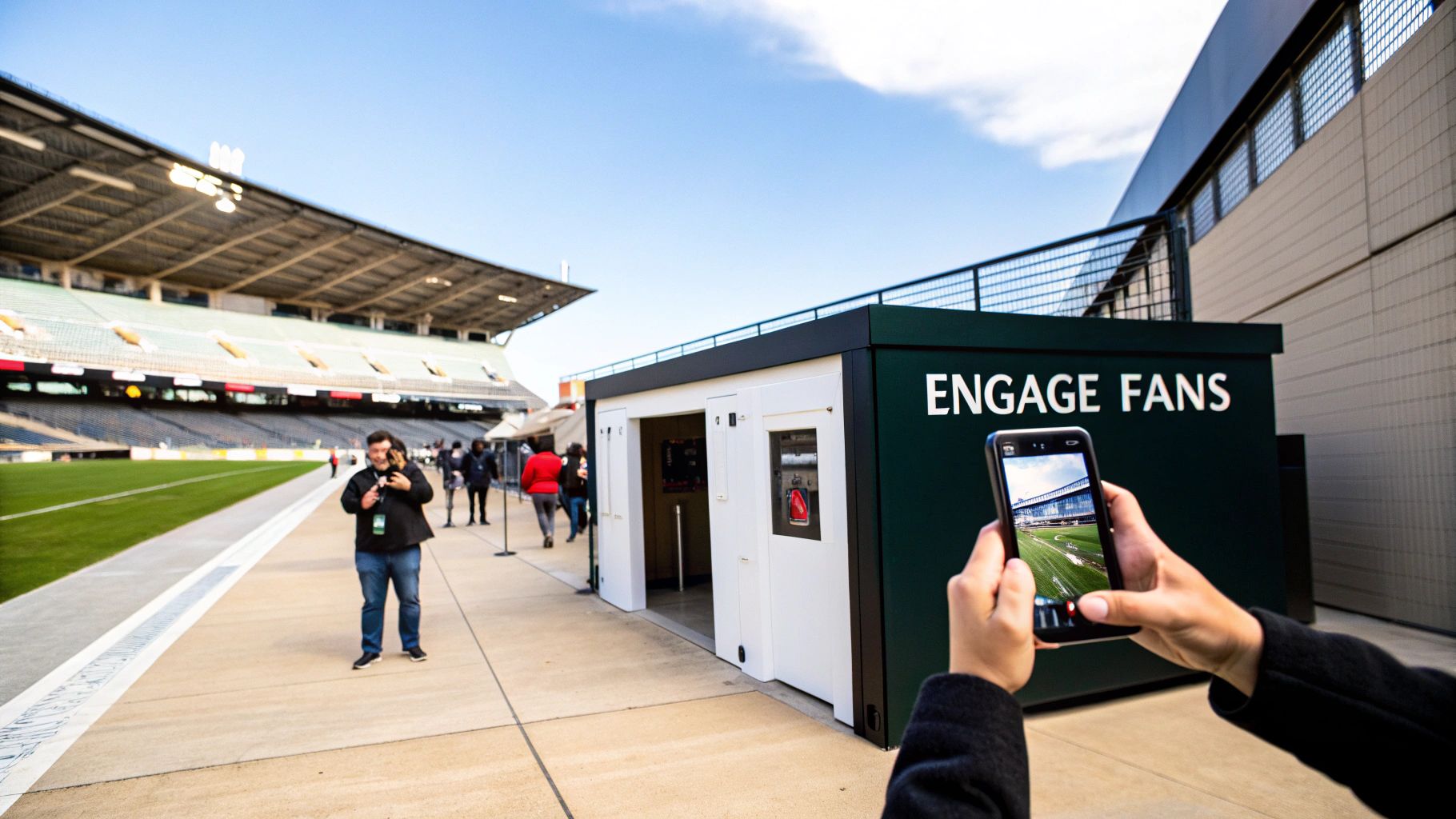 A person uses a smartphone near a 'ENGAGE FANS' booth at a stadium, enhancing fan experience.