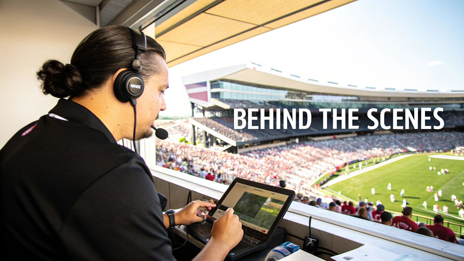 A professional wearing a headset and using a laptop works in a stadium booth during a live sports event.