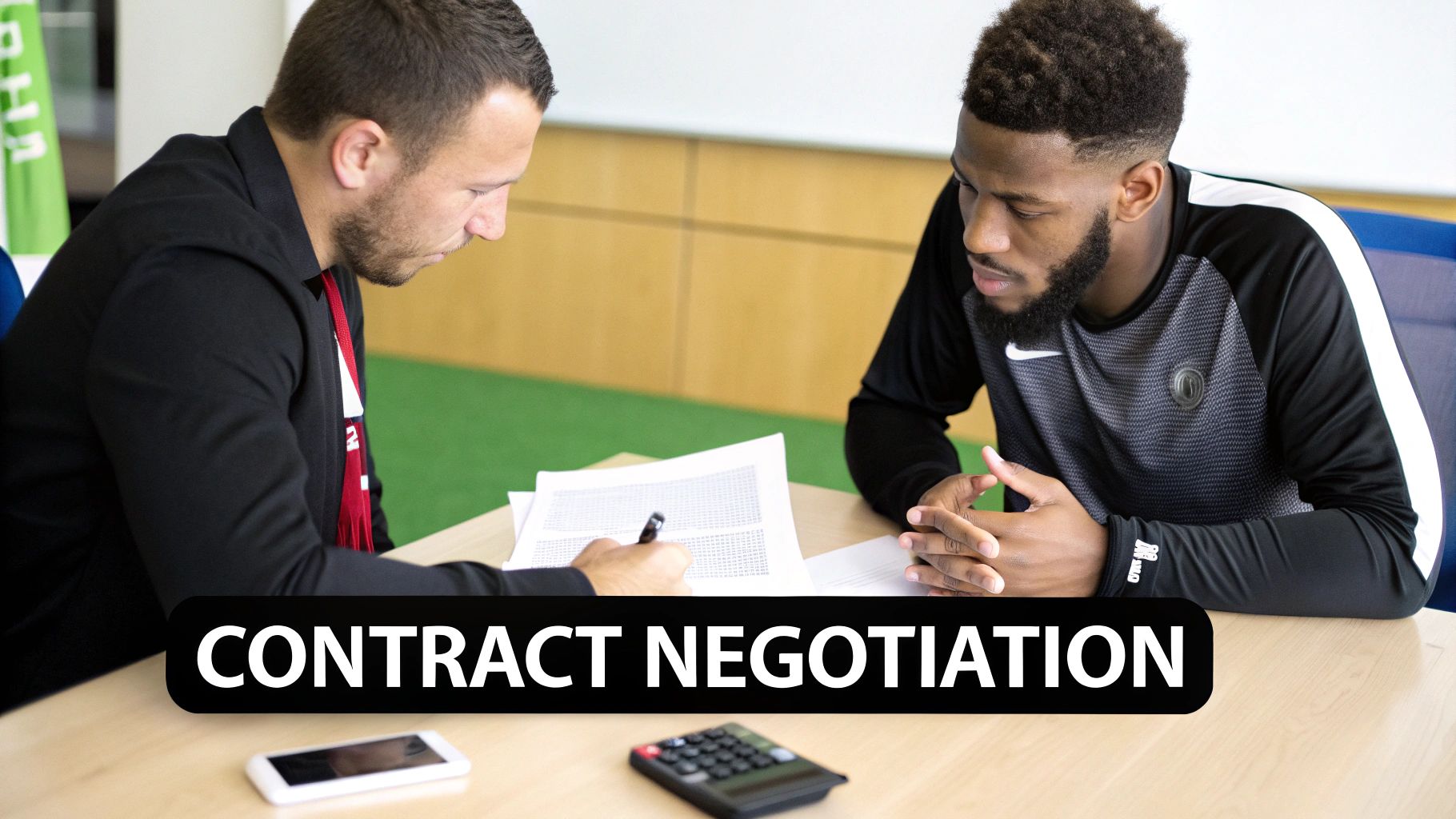 Sports agent and athlete discussing contract terms during professional negotiation meeting at desk