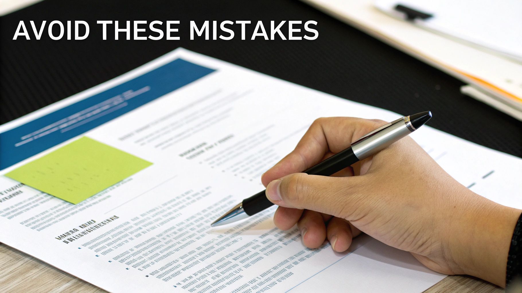 A hand holding a pen, pointing at a document with text 'AVOID THESE MISTAKES', likely a resume.