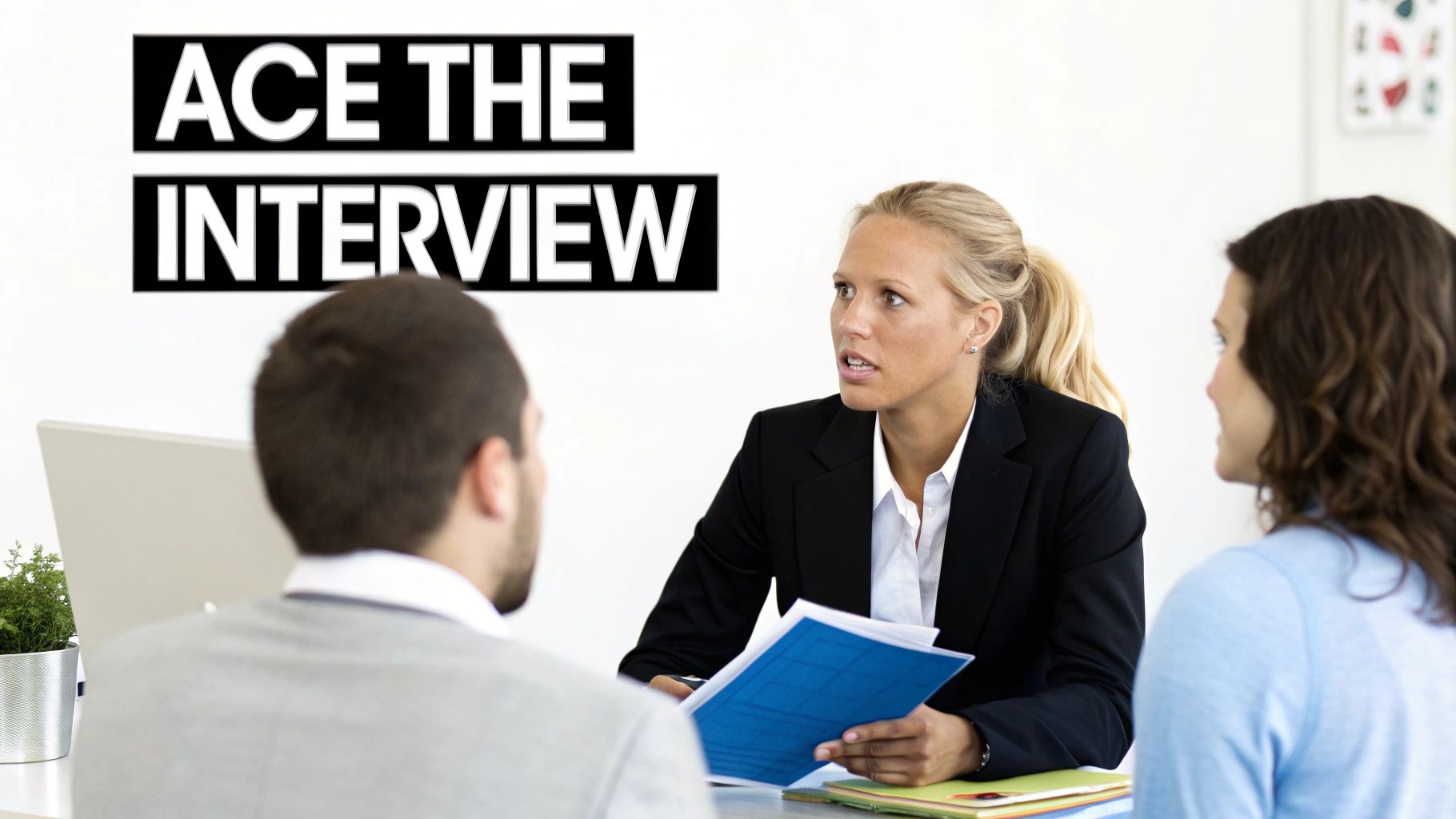 A female interviewer discusses with two candidates in an office, with 'ACE THE INTERVIEW' text.