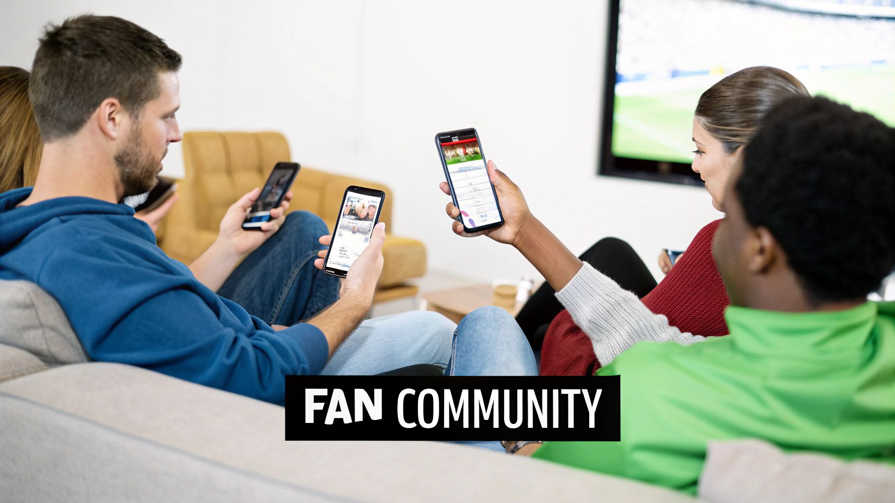 Group of friends on a couch watching sports on TV and interacting on their smartphones, engaging in a fan community.