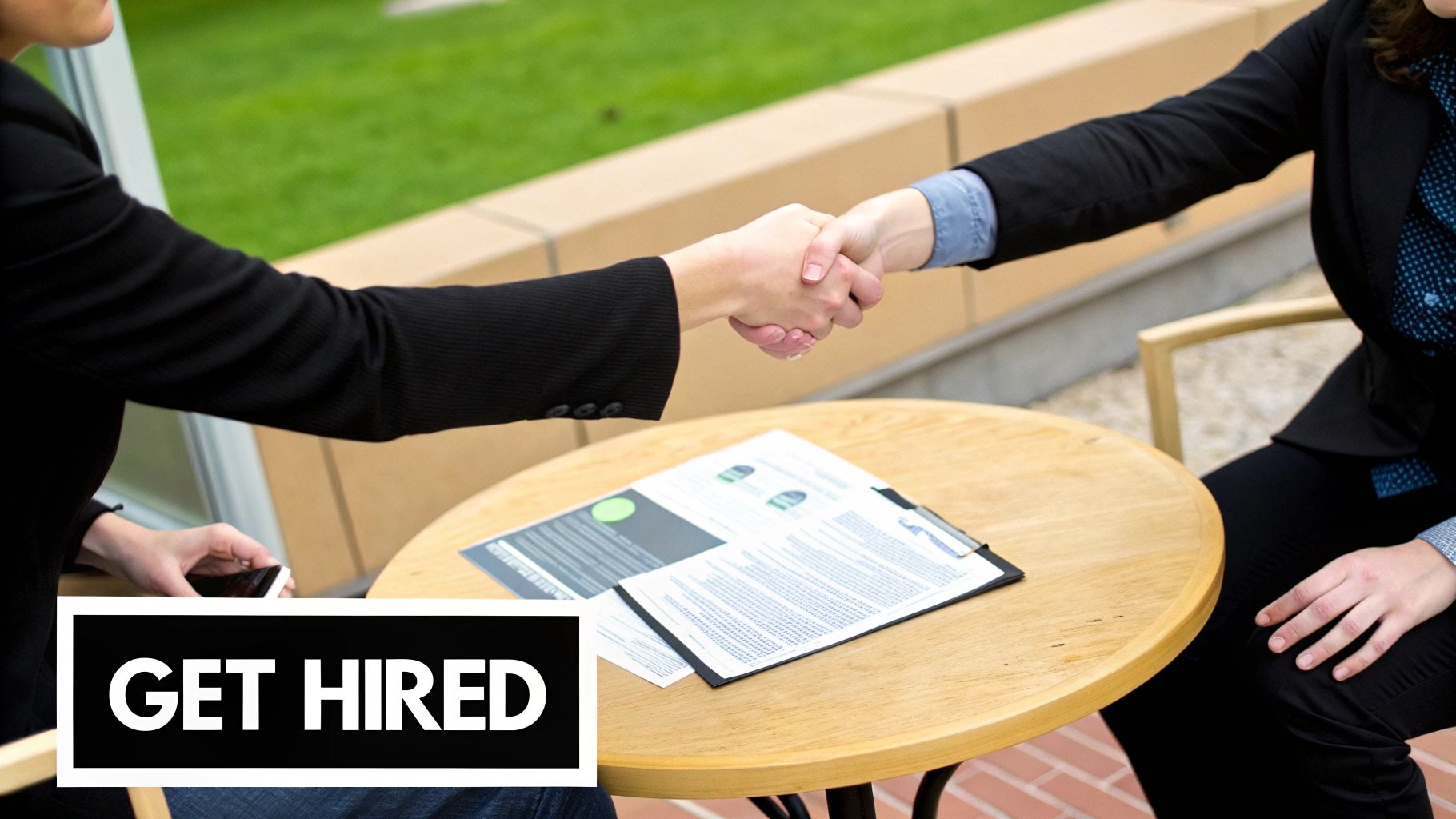 Two professionals shake hands over a table with documents, symbolizing a successful job interview or agreement.