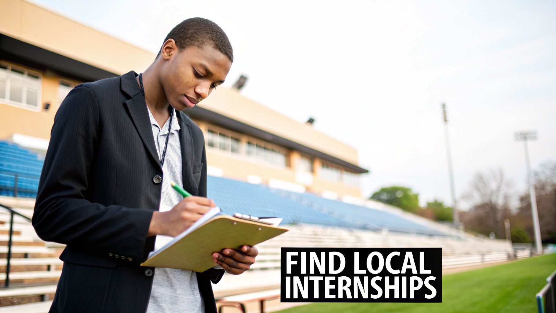 A young Black man in a suit jacket writes on a clipboard at a sports stadium, looking for internships.