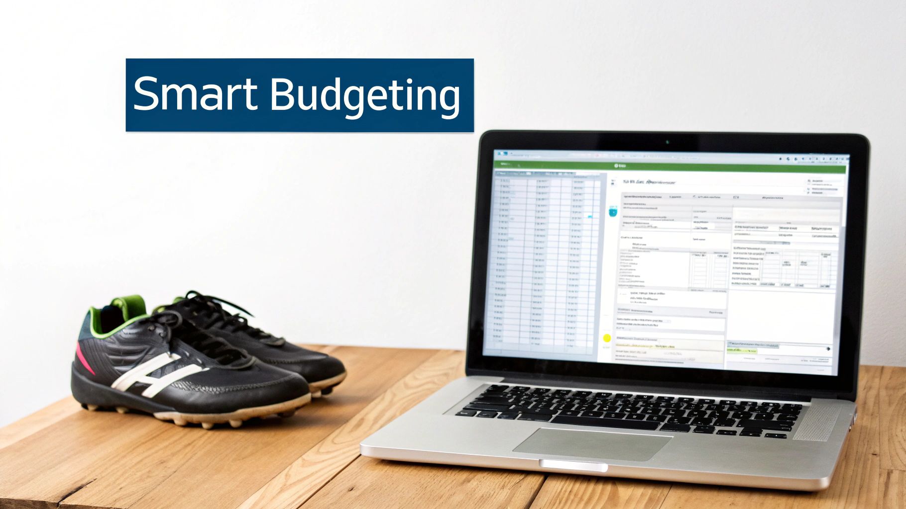 A laptop displays budgeting software next to soccer cleats, with 'Smart Budgeting' text visible.