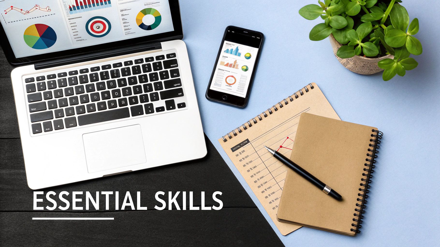A modern workspace flat lay with a laptop, smartphone, notebooks, pen, and 'ESSENTIAL SKILLS' text.