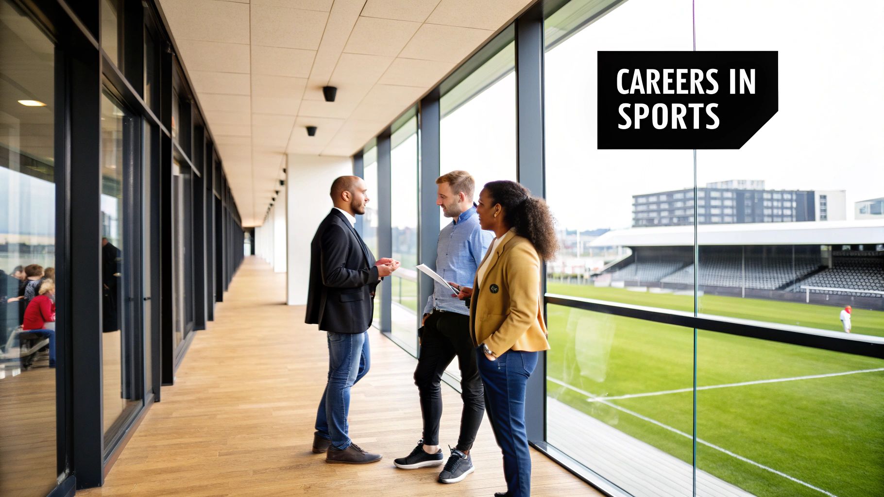 Three diverse professionals discuss careers in sports within a modern building overlooking a vibrant stadium.