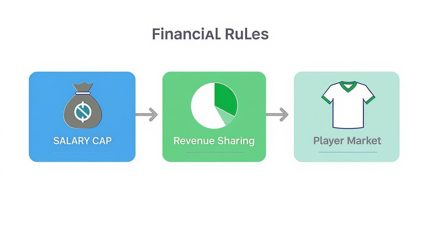 Infographic concept map showing icons for Salary Cap, Revenue Sharing, and the Player Market.