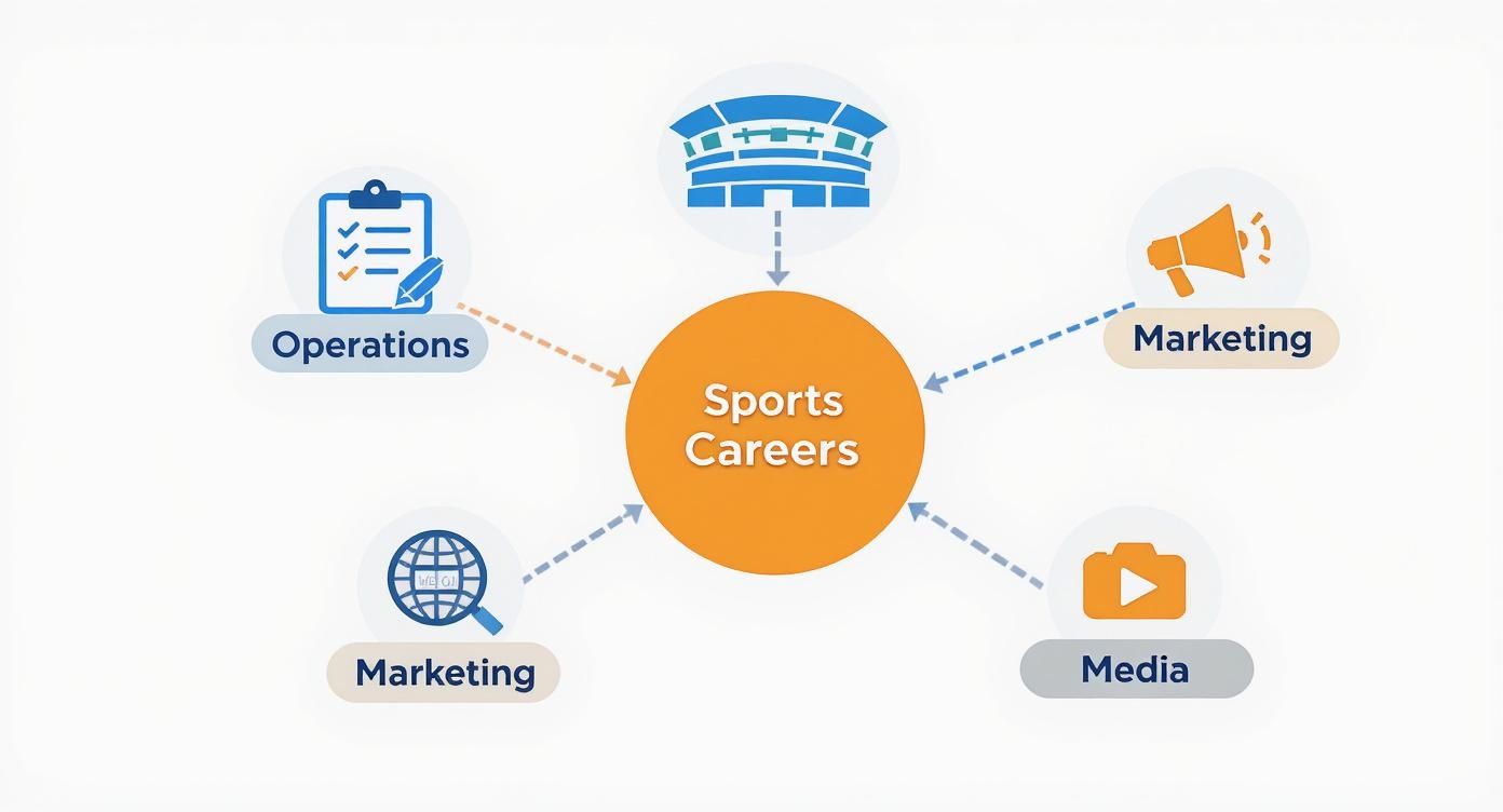 A visual diagram outlining various career options in the sports industry, including operations, marketing, and media.