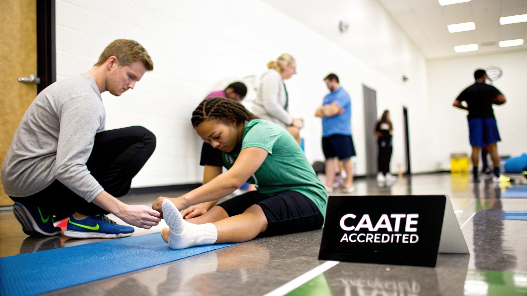 An athletic trainer works with a patient on rehabilitation exercises