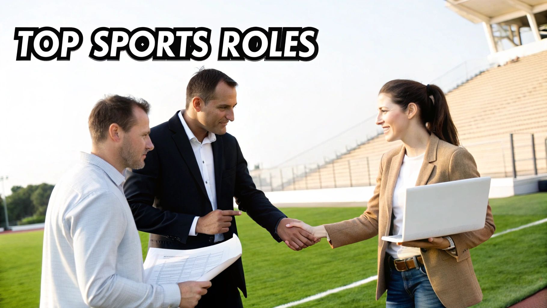 Three professionals shaking hands at sports stadium discussing sports management career opportunities