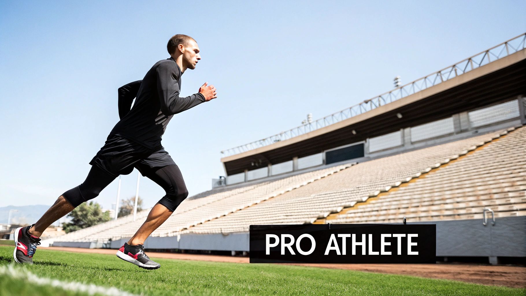 A male athlete in black sports gear runs on a green track next to empty stadium seats under a clear sky.