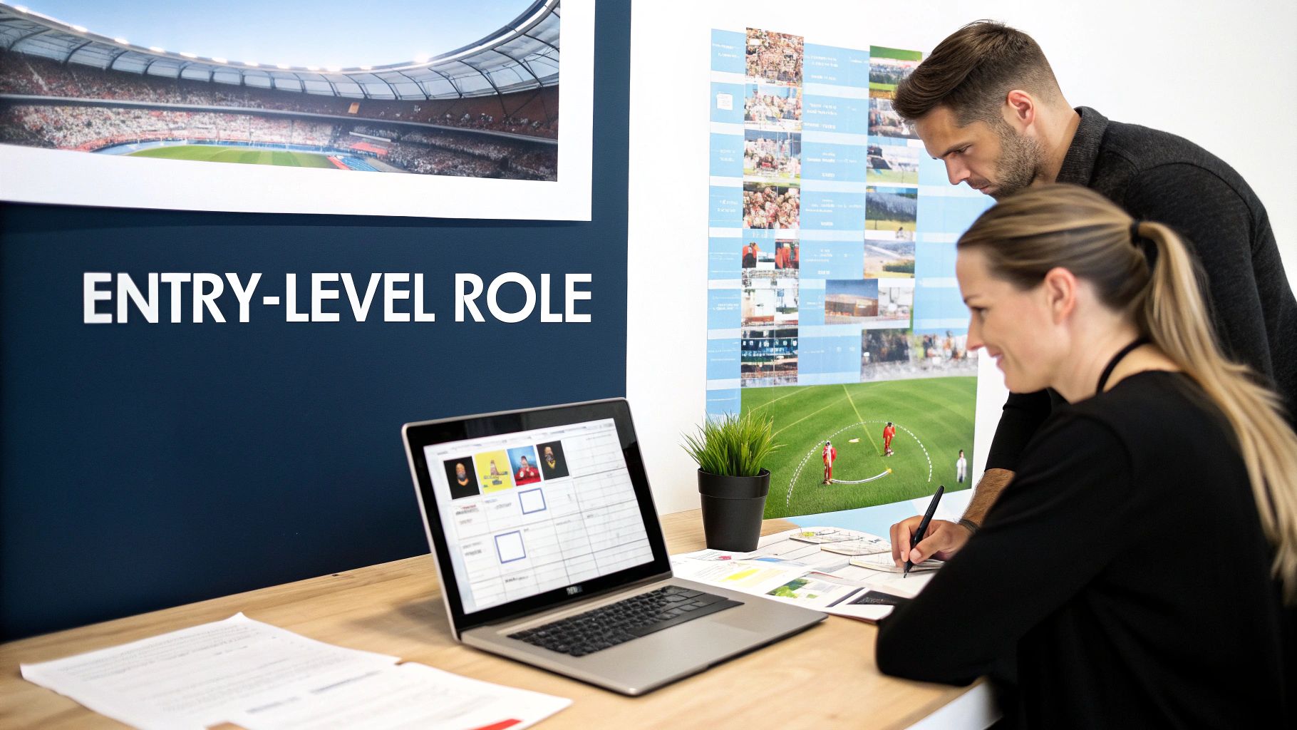 Two colleagues discussing entry-level job applications on a laptop in a sports-themed office.