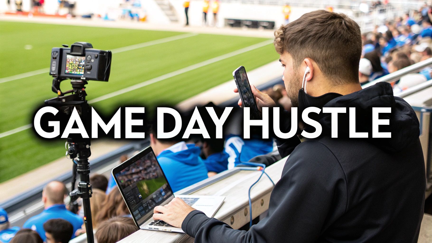 A sports marketer working on a laptop in a stadium press box during a game, with the field visible in the background.