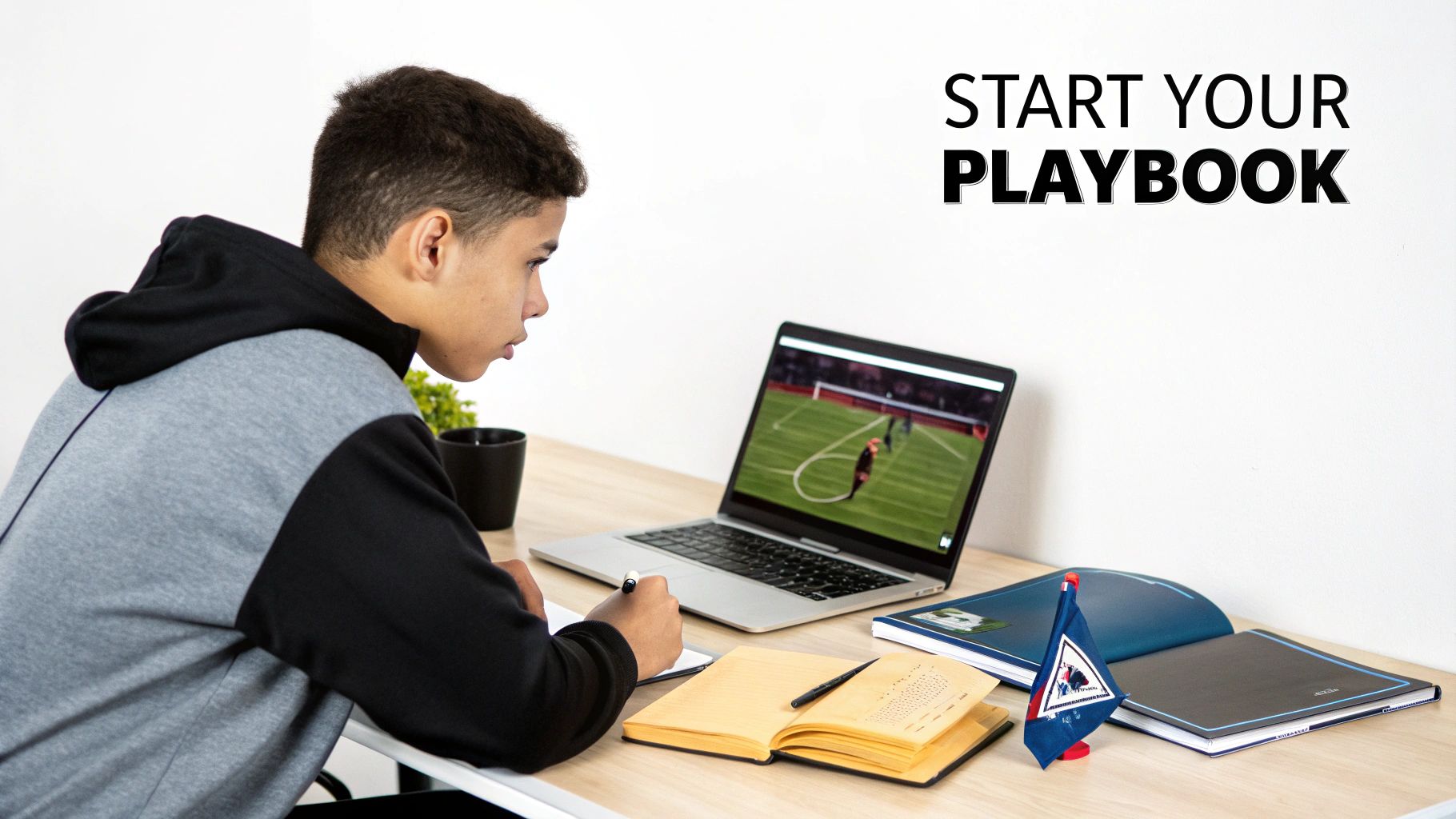 A group of sports marketing professionals collaborating in a modern office with sports memorabilia in the background.