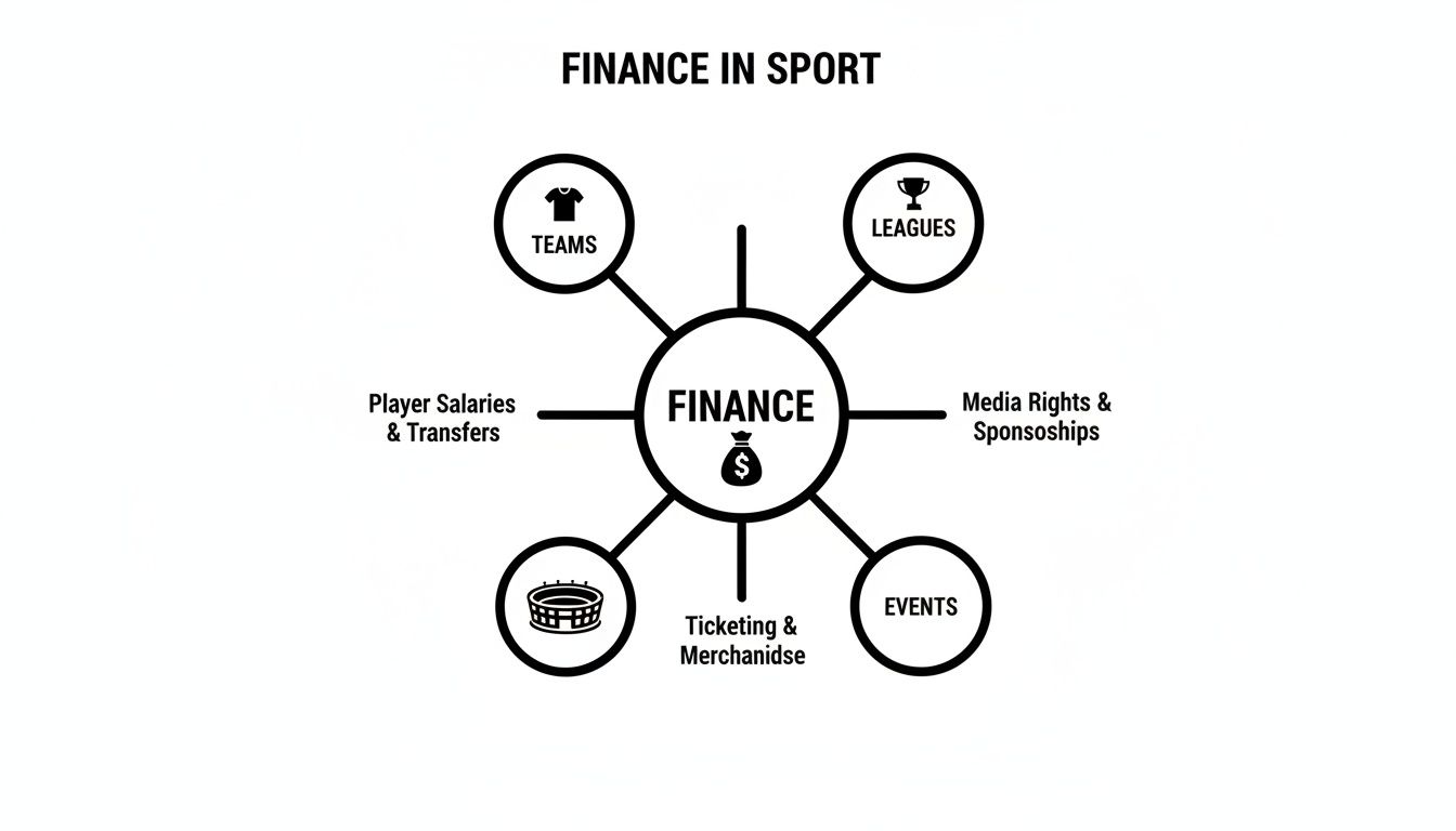 A diagram titled 'Finance in Sport' showing how finance connects to teams, leagues, events, and player transfers.