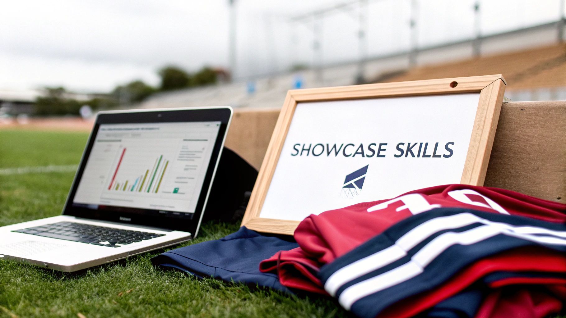 A laptop displaying performance graphs, a "SHOWCASE SKILLS" sign, and sports jerseys on a grassy field.