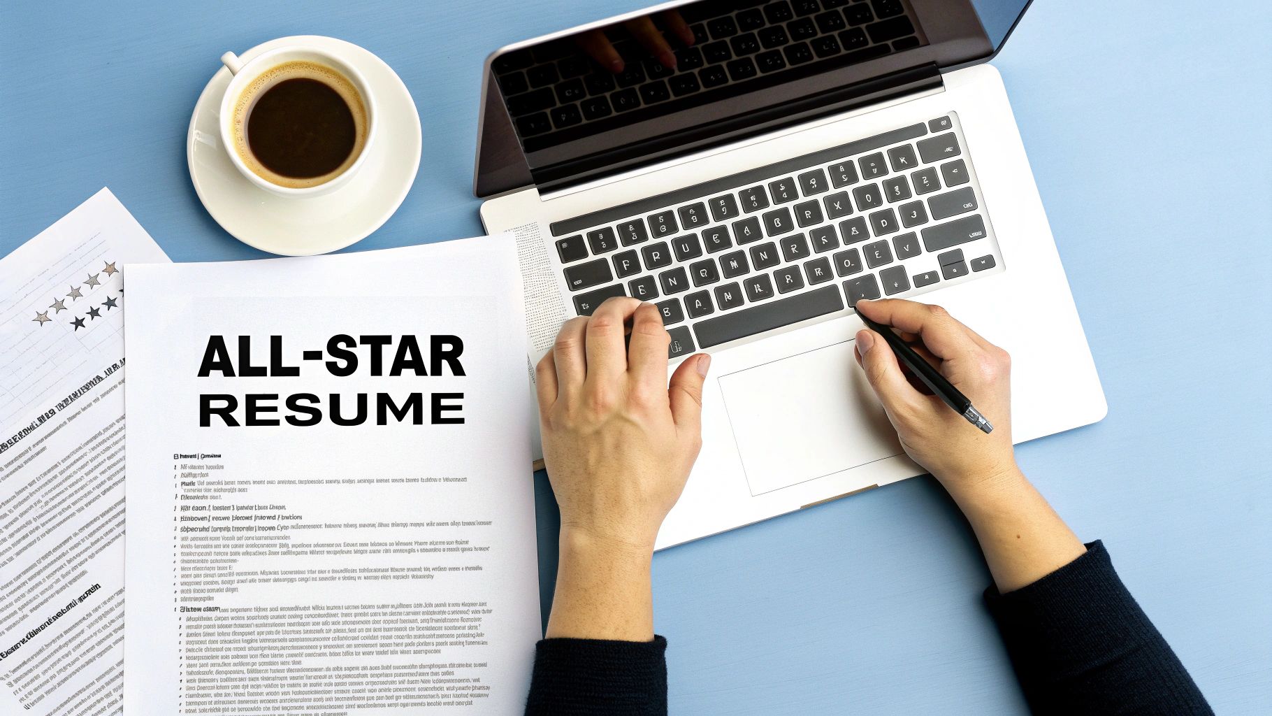 Top-down view of a person crafting an 'ALL-STAR RESUME' on a laptop with coffee.