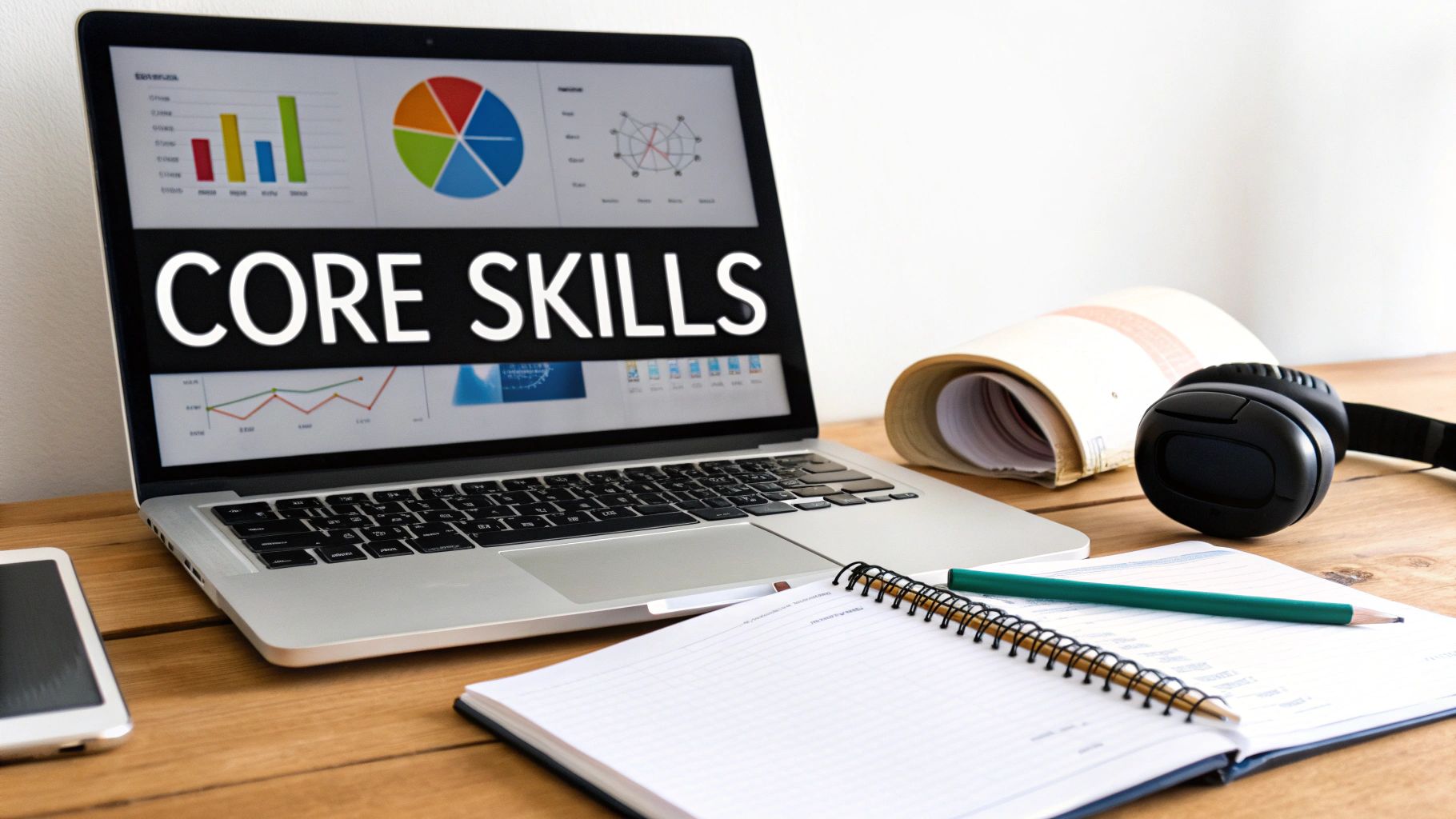 Laptop displaying core skills charts and graphs on wooden desk with notebook and headphones