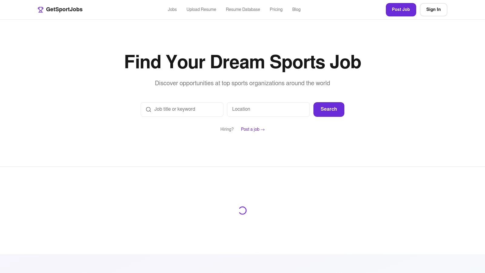 A screenshot of the GetSportJobs website, showcasing its clean interface and search filters for sports management job openings.