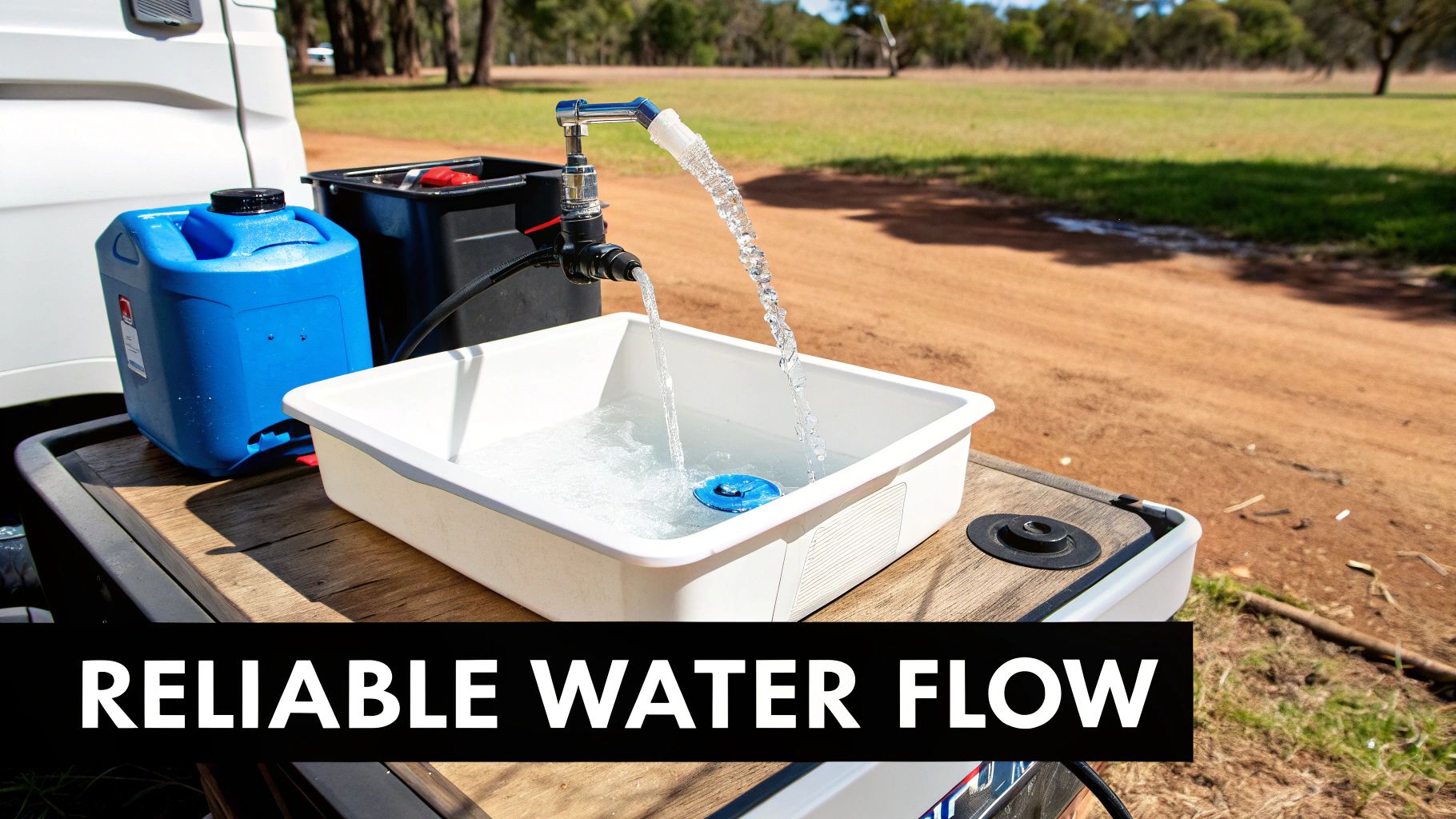 A portable outdoor sink setup with water reliably flowing from a faucet, perfect for camping and caravanning.