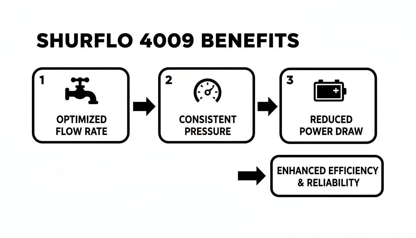 Diagram showing Shurflo 4009 pump benefits: optimized flow rate, consistent pressure, reduced power draw, and enhanced efficiency.