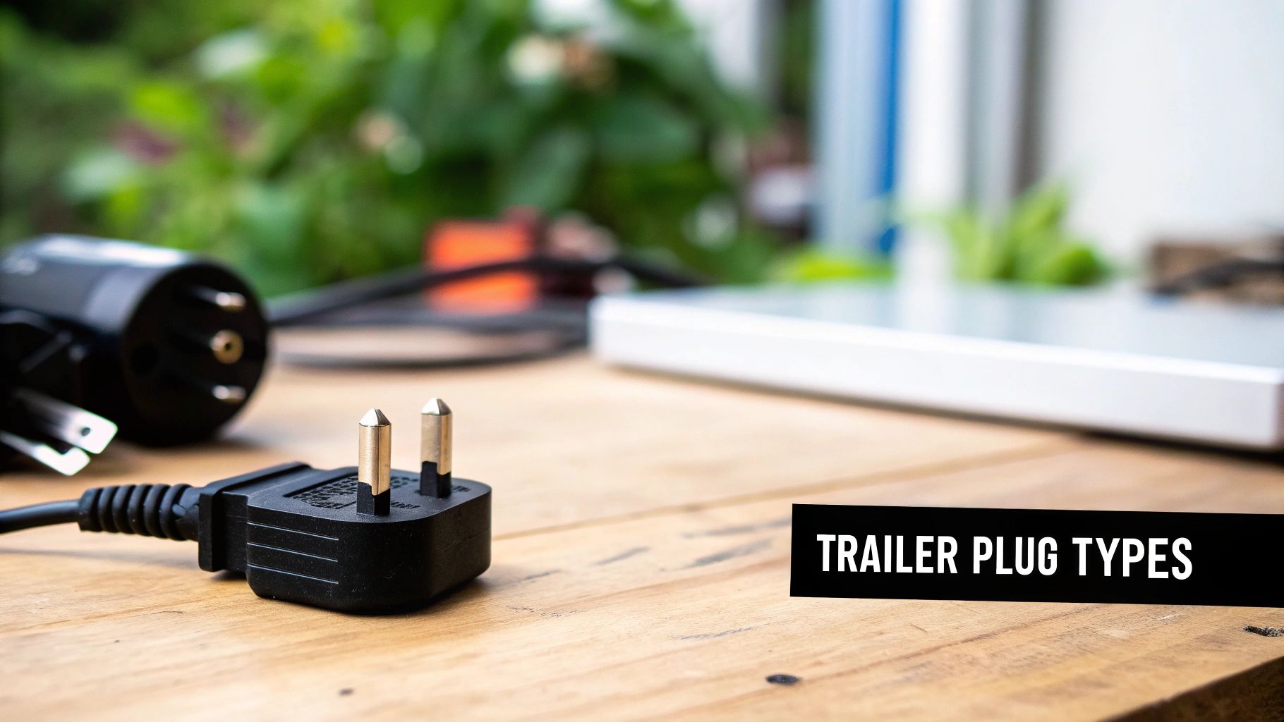 Two different types of black electrical power plugs are displayed on a wooden table.