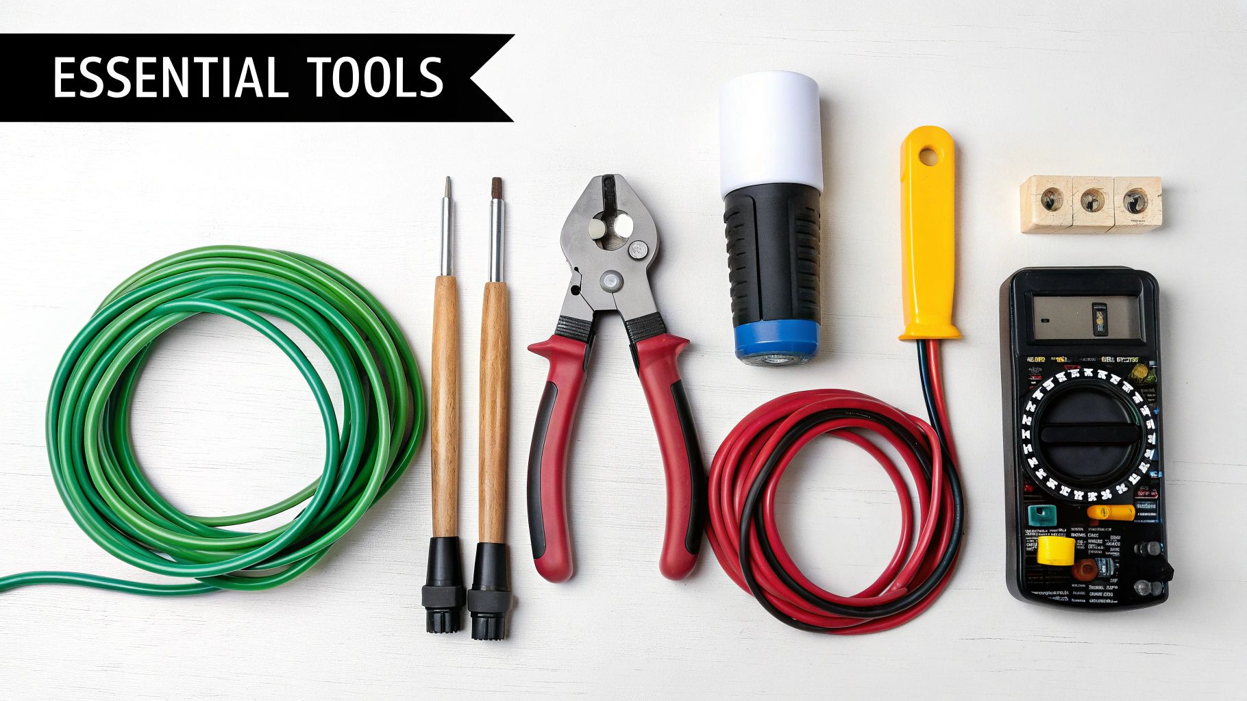 A flat lay of essential electrical tools including wires, screwdrivers, pliers, flashlight, and a multimeter.