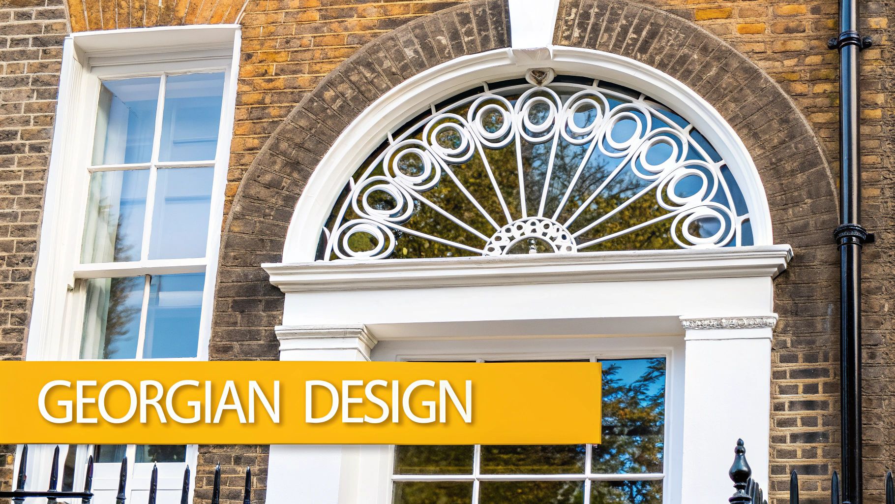 A close-up of a Georgian building's facade, featuring a sash window and an ornate fanlight above a door.