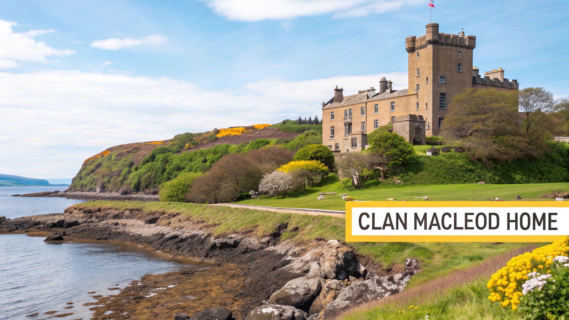Dunvegan Castle, the historic Clan MacLeod home, stands proudly on the scenic Scottish coast under a blue sky.