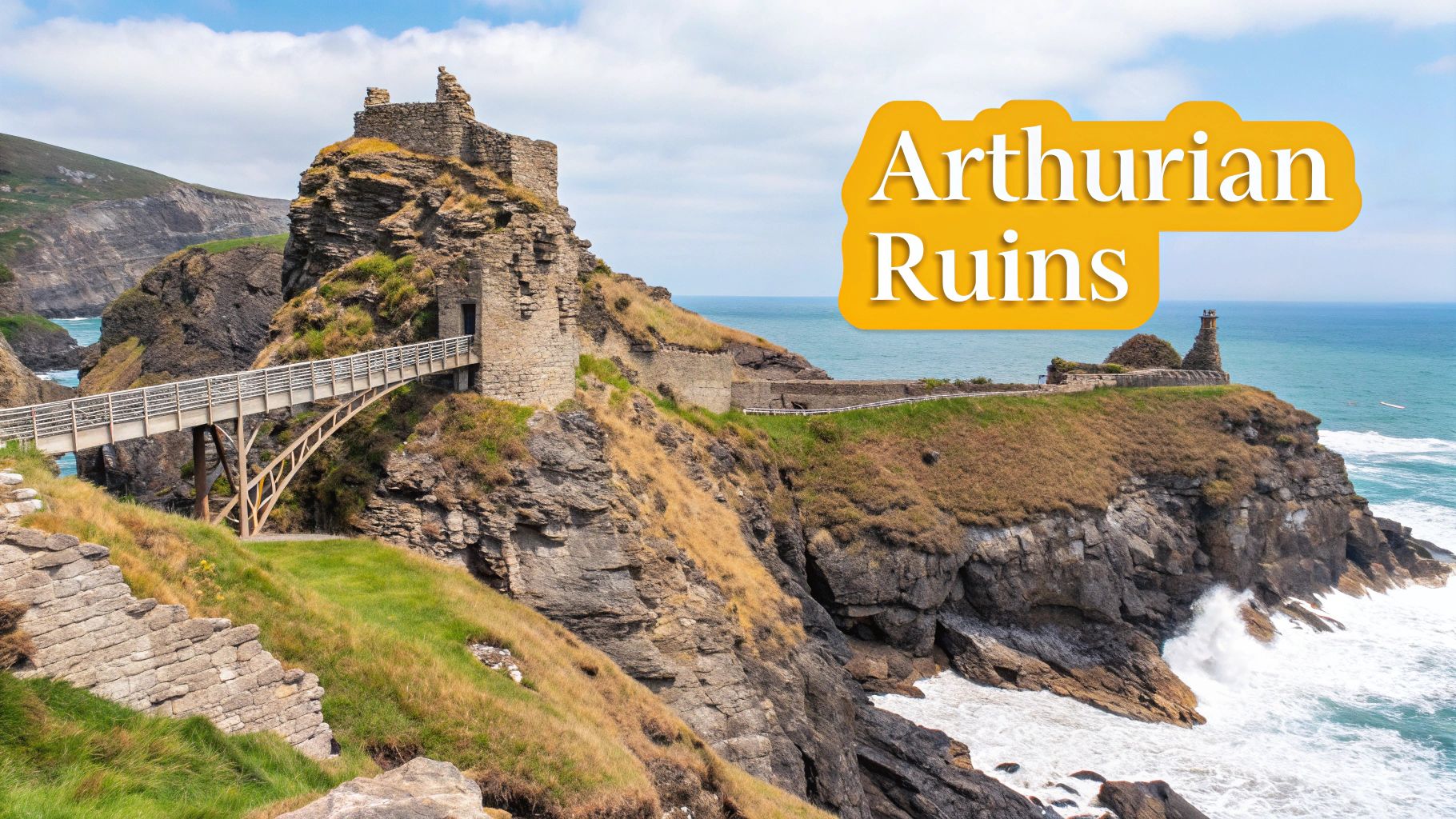 A breathtaking view of Tintagel Castle ruins, a historic site with a bridge over the dramatic Cornish coastline.