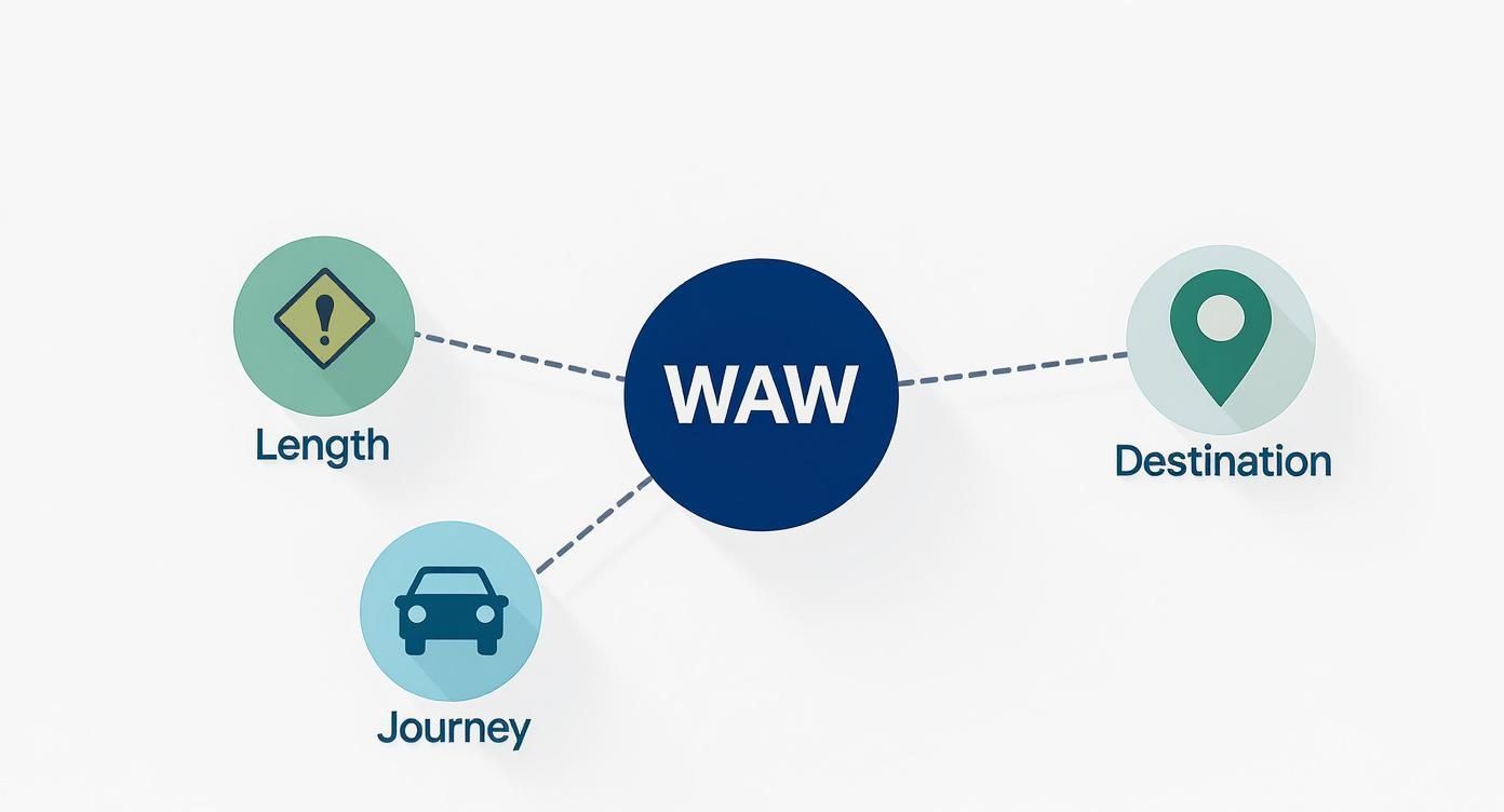 Diagram illustrating WAW (Wild Atlantic Way) connected to Length, Journey (car icon), and Destination (map pin) concepts.