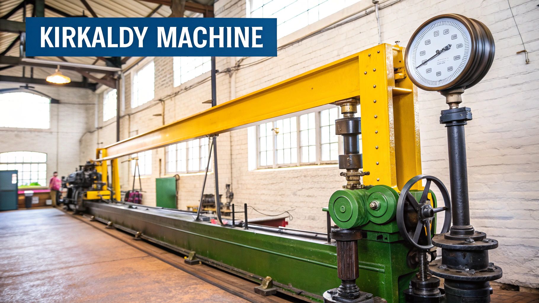 Beyond the Big Ben: 10 Unusual Places to Visit in London for 2025 4 A long, historic Kirkaldy testing machine with a large gauge in a bright industrial museum setting.