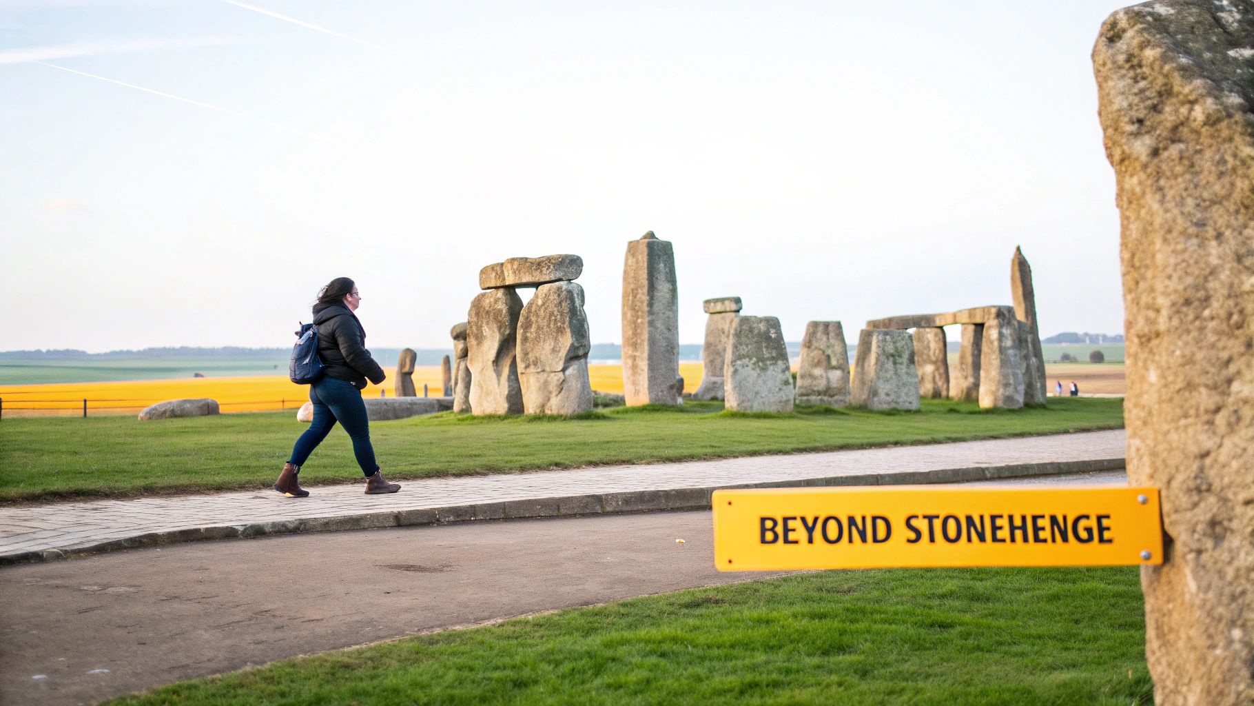 A Guide to Your Unforgettable Stonehenge Tour From Bath 5 A person walks on a paved path next to the ancient Stonehenge monument and a yellow "BEYOND STONEHENGE" sign.