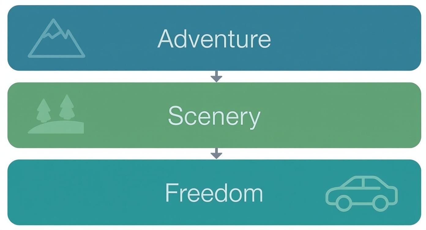 Journey progression diagram showing adventure leading through scenery to freedom with mountain and car icons