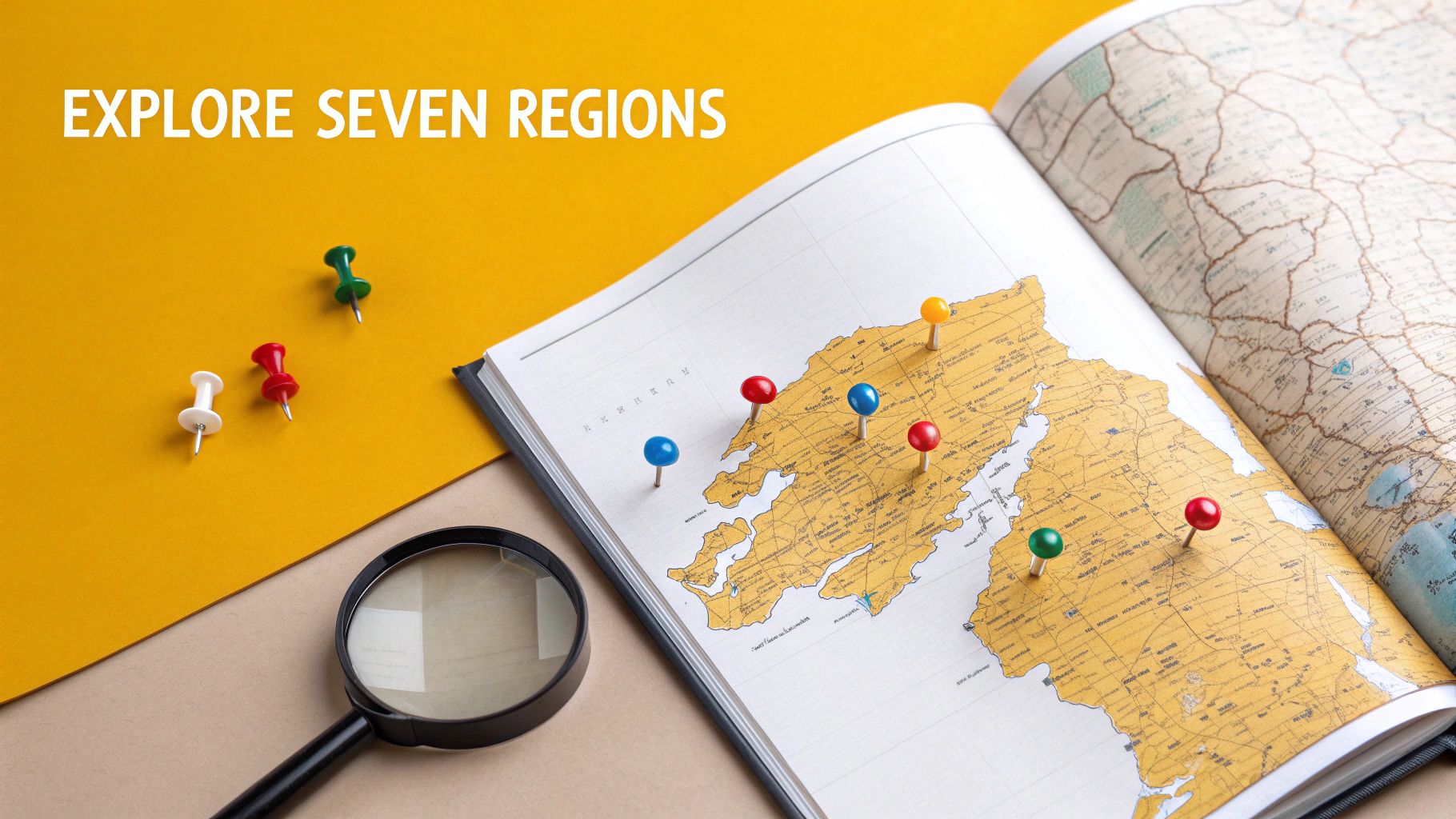 An open map book showing regions marked with colorful pushpins, a magnifying glass, and "EXPLORE SEVEN REGIONS" text.