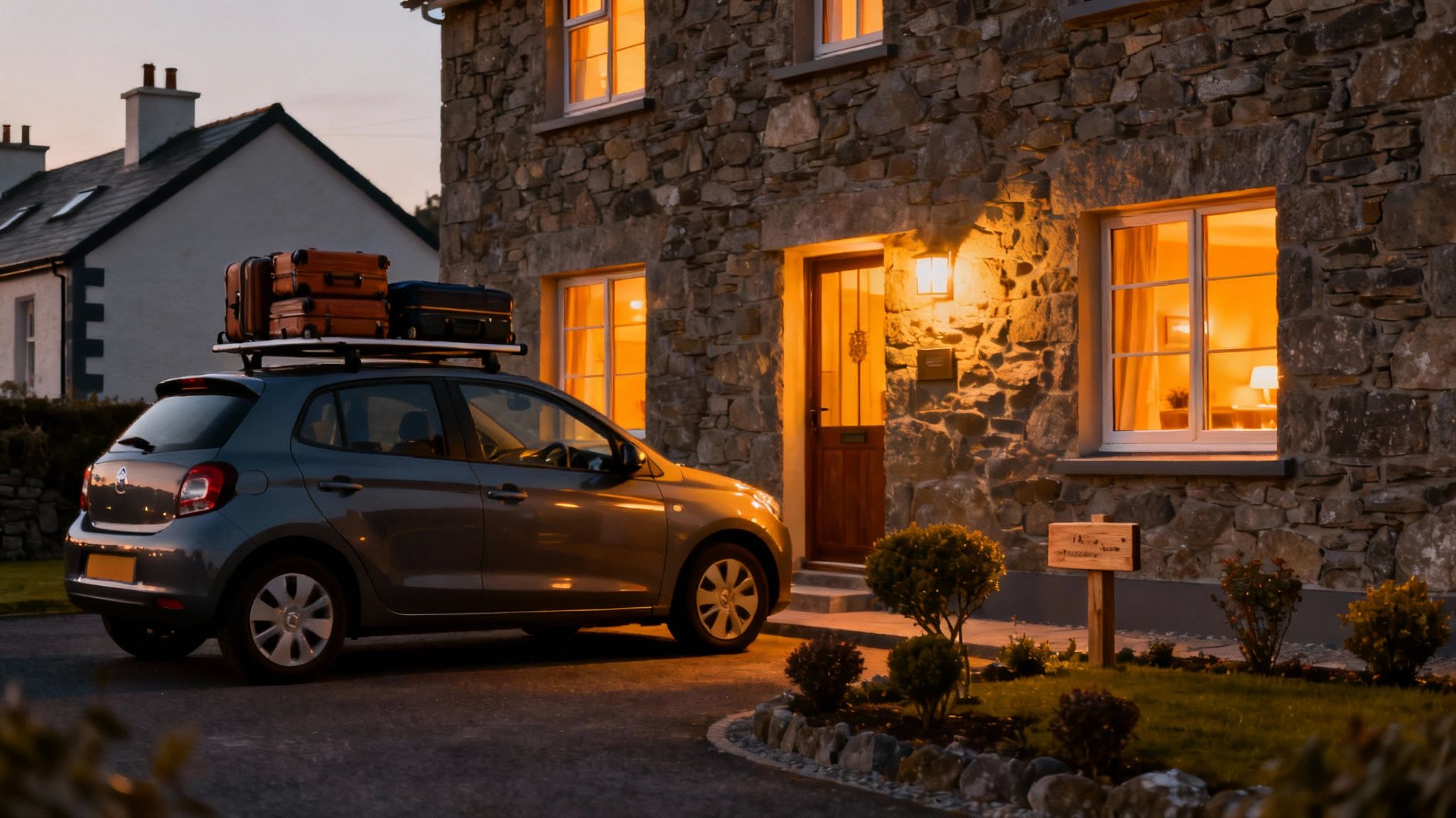 A cozy bed and breakfast with a well-tended garden in a traditional Irish village.