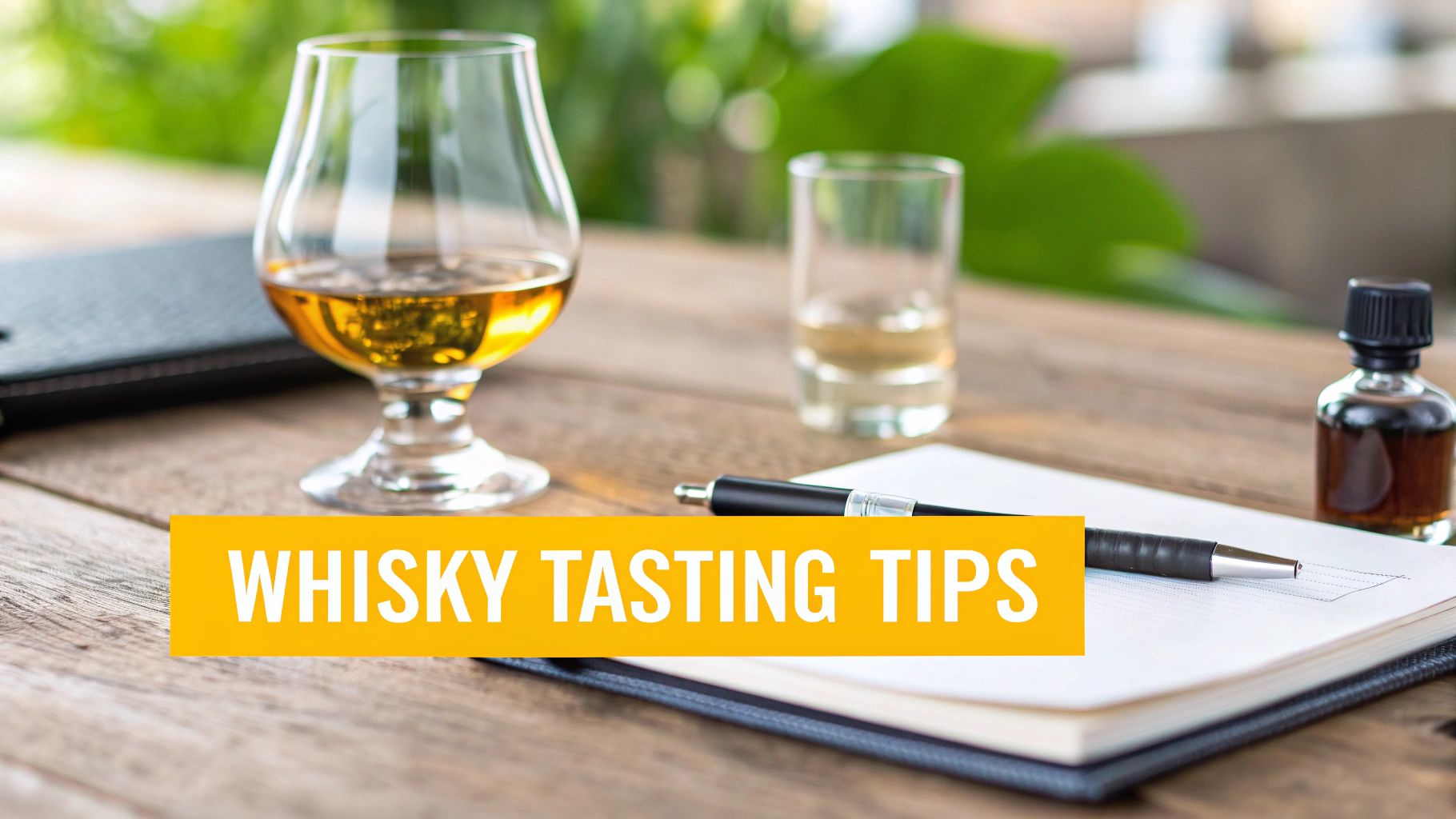 A glass of whisky, water, notebook, pen, and a small bottle on a wooden table with 'WHISKY TASTING TIPS' banner.