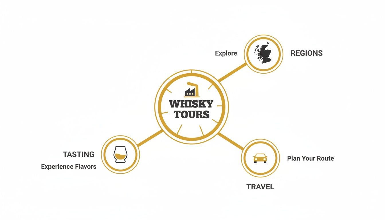 Diagram illustrating key aspects of whisky tours, including regions, tasting experiences, and travel planning.