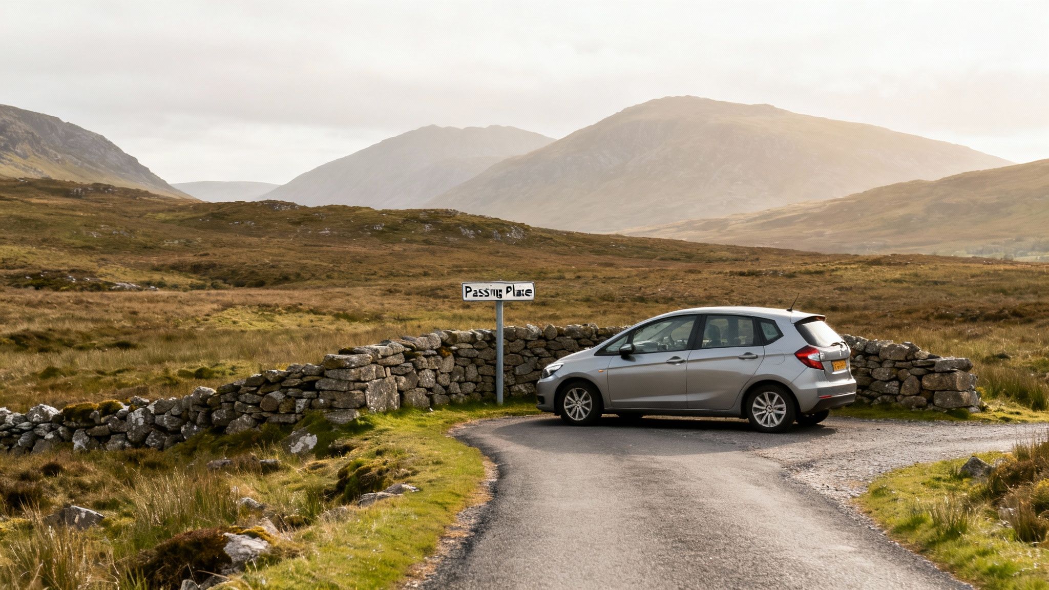A car driving through the dramatic landscape of Glencoe, Scotland